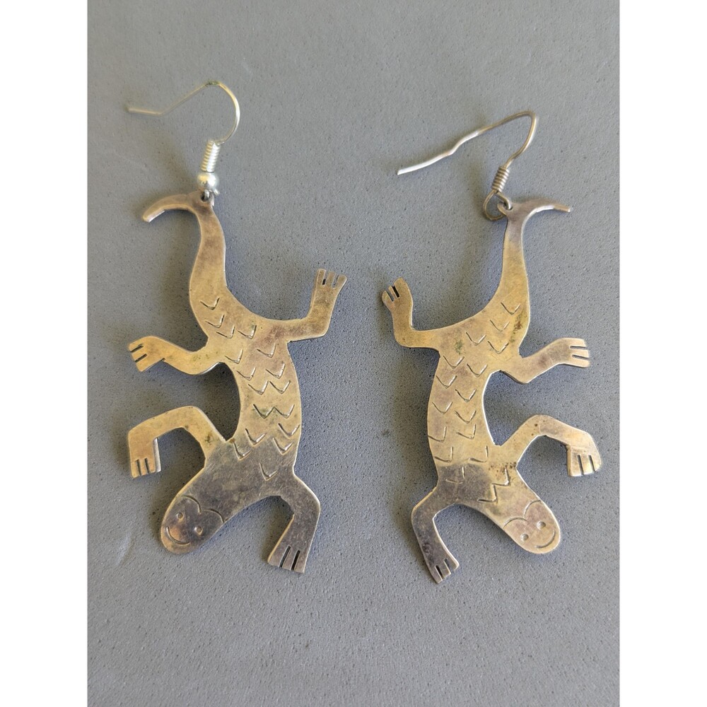 Vintage Silver Tone Lizard Dangle Earrings Southwestern Gecko Statement Jewelry